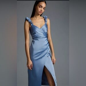 Anthropologie Asymmetrical Blue Satin Like Dress
